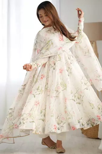 Off white organza silk floral digital print anarkali suit
