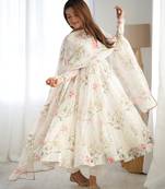 Off white organza silk floral digital print anarkali suit