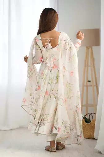 Off white organza silk floral digital print anarkali suit