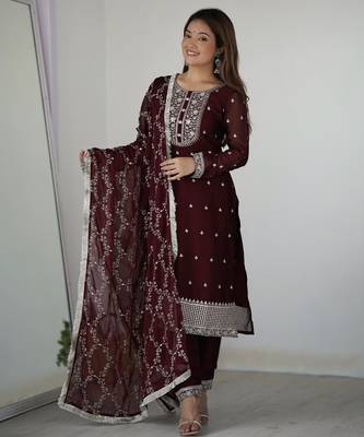 Maroon rangoli silk three piece kurti suit 1