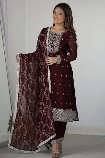 Maroon color rangoli silk three piece kurti suit