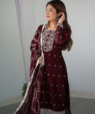 Maroon rangoli silk three piece kurti suit 2