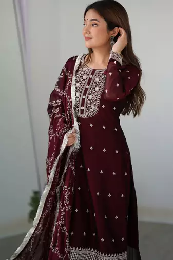 Maroon rangoli silk three piece kurti suit