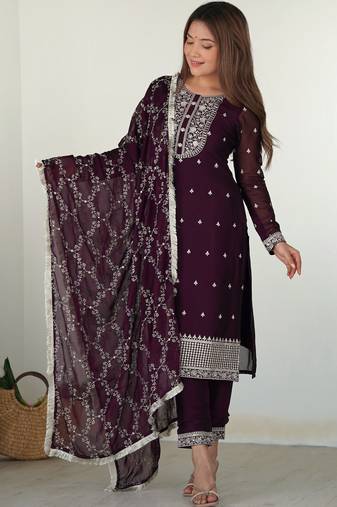 Wine color rangoli silk three piece kurti suit