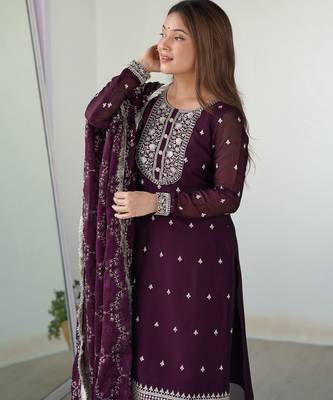 Wine rangoli silk three piece kurti suit 2