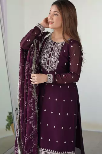 Wine rangoli silk three piece kurti suit