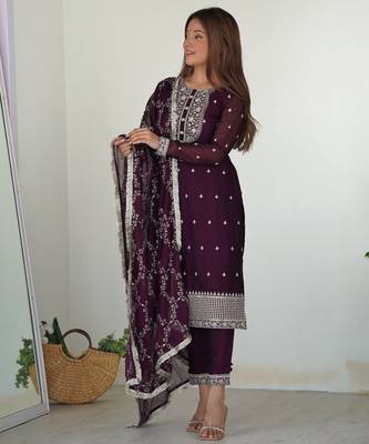 Wine rangoli silk three piece kurti suit 3