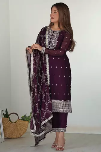 Wine rangoli silk three piece kurti suit