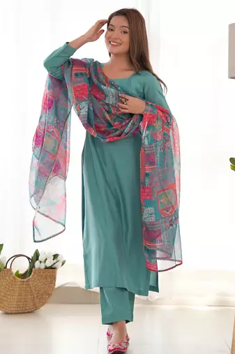 Sea green color viscose ready to wear three piece kurti suit