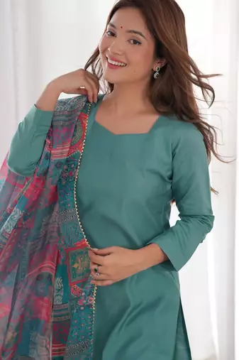 Sea green viscose ready to wear three piece kurti suit