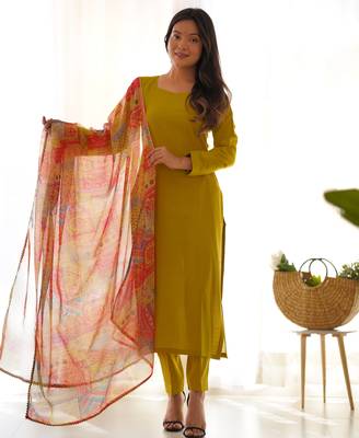 Yellow viscose ready to wear three piece kurti suit 1