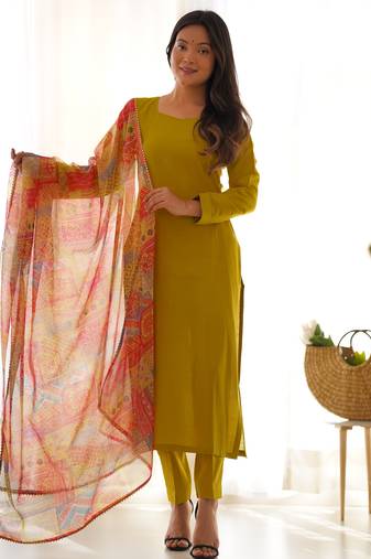 Yellow color viscose ready to wear three piece kurti suit