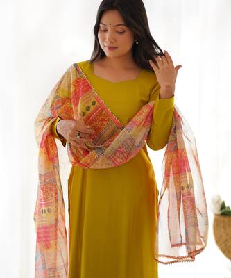 Yellow viscose ready to wear three piece kurti suit 2
