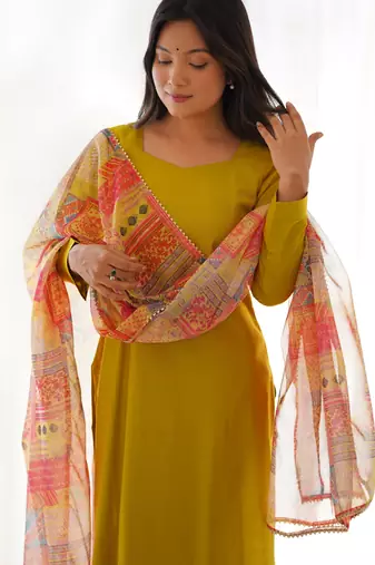 Yellow viscose ready to wear three piece kurti suit