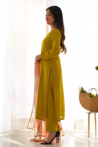 Yellow viscose ready to wear three piece kurti suit