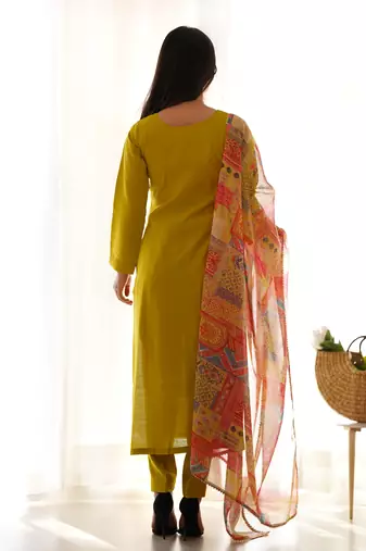 Yellow viscose ready to wear three piece kurti suit