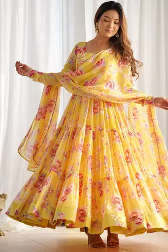 Yellow faux georgette floral print anarkali suit