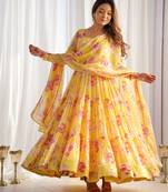 Yellow faux georgette floral print anarkali suit