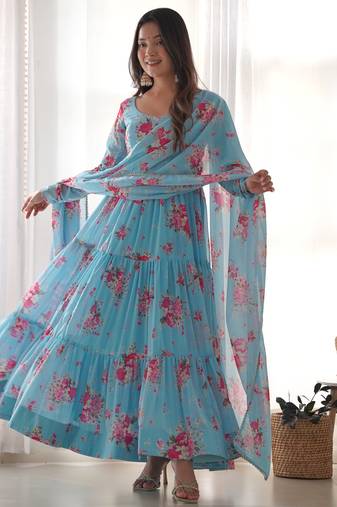 Sky blue faux georgette floral digital print anarkali suit