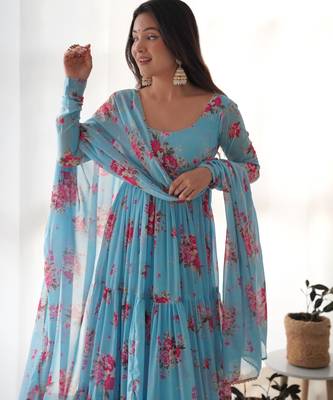 Sky blue faux georgette floral digital print anarkali suit 2