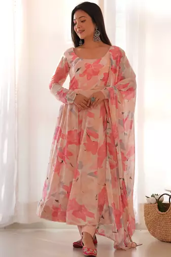 Beautiful baby pink multi color georgette three piece anarkali suit