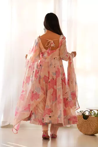 Beautiful baby pink multi georgette three piece anarkali suit