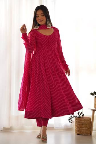 Rani pink color laheriya print georgette three piece anarkali suit