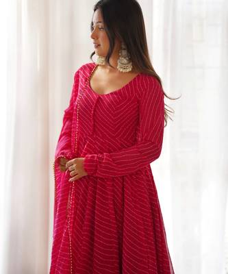 Rani pink laheriya print georgette three piece anarkali suit 2