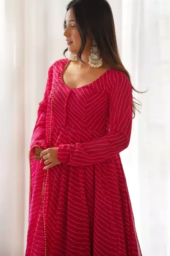 Rani pink laheriya print georgette three piece anarkali suit