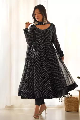 Black color laheriya print georgette three piece anarkali suit