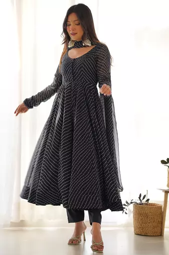 Black laheriya print georgette three piece anarkali suit