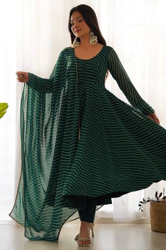 Green color laheriya print georgette three piece anarkali suit