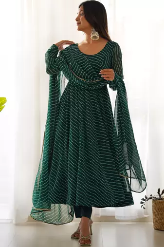 Green laheriya print georgette three piece anarkali suit