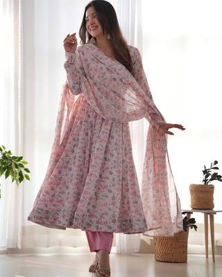 Baby pink chiffon anarkali gown with ful floral print with dupatta 1