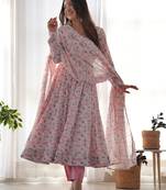 Baby pink chiffon anarkali gown with ful floral print with dupatta