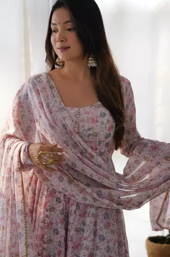 Baby pink chiffon anarkali gown with ful floral print with dupatta