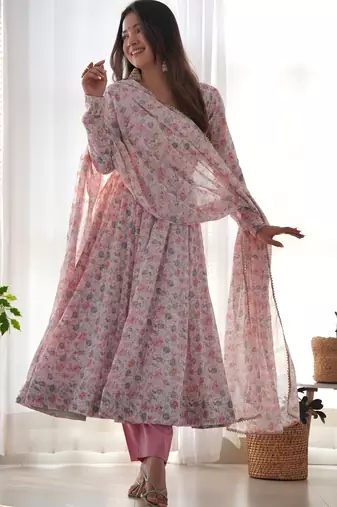 Baby pink chiffon anarkali gown with ful floral print with dupatta