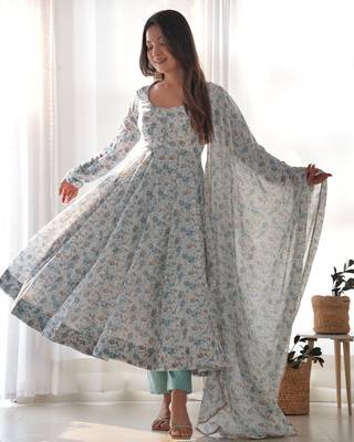 Light sky blue chiffon anarkali gown with ful floral print with dupatta 1