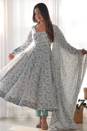 Light sky blue chiffon anarkali gown with colorful floral print with dupatta