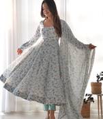 Light sky blue chiffon anarkali gown with ful floral print with dupatta