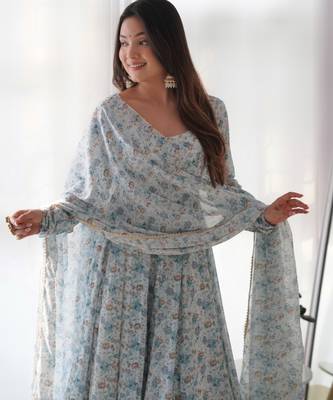 Light sky blue chiffon anarkali gown with ful floral print with dupatta 2