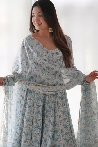 Light sky blue chiffon anarkali gown with ful floral print with dupatta