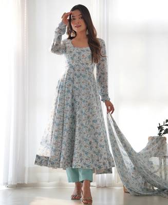Light sky blue chiffon anarkali gown with ful floral print with dupatta 3