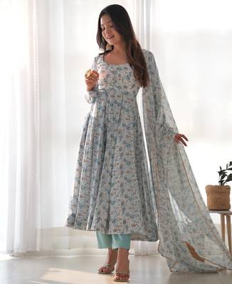 Light sky blue chiffon anarkali gown with ful floral print with dupatta 4