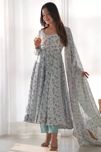 Light sky blue chiffon anarkali gown with ful floral print with dupatta