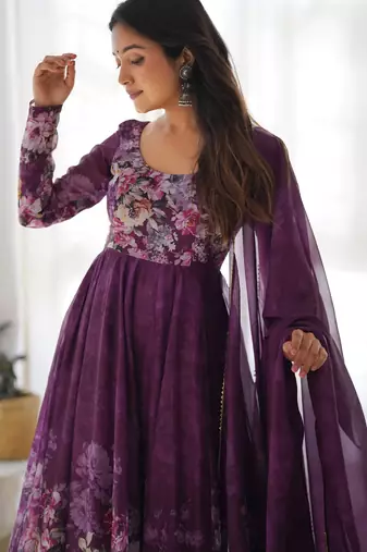 Wine floral print organza three piece anarkali suit
