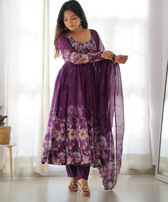 Wine floral print organza three piece anarkali suit 3