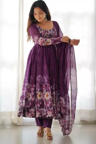 Wine floral print organza three piece anarkali suit