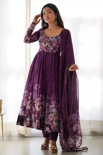 Wine floral print organza three piece anarkali suit