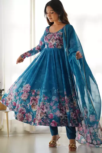 Rama floral print organza three piece anarkali suit